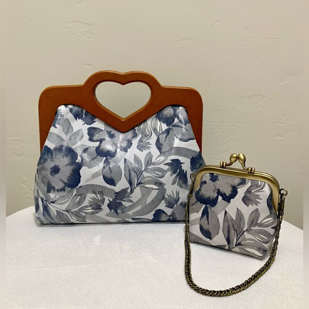 Handmade Genuine Leather Printed Floral Wooden Frame Bag with Small Purse Set